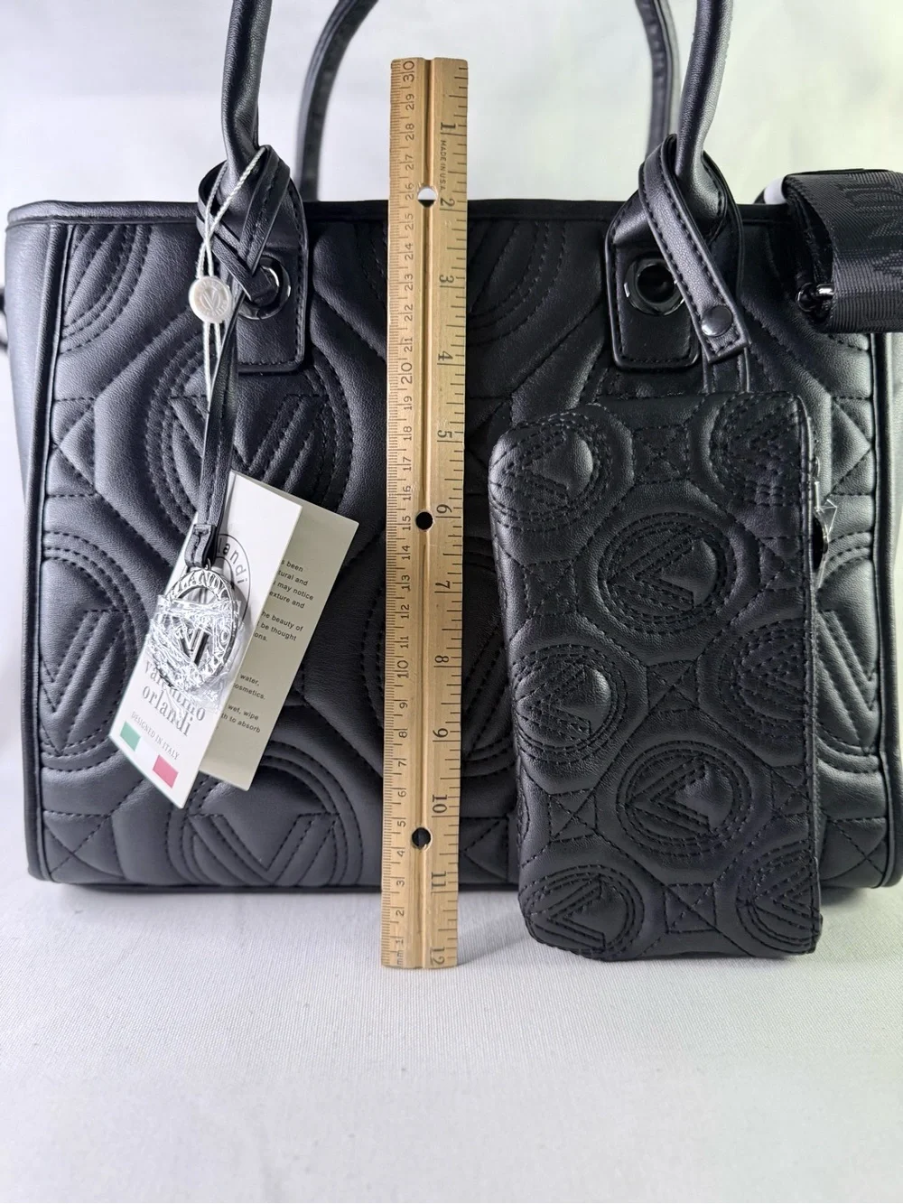 Black Quilted Tote Bag with Removable Pouch and Charm Valentino Orlandi